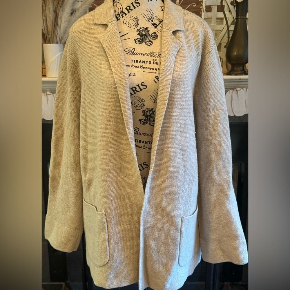 Talbots Wool Blend Open Front Cardigan Khaki Cream Pockets Large Business Casual